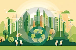 Recycle concept with green eco city background. Ecology and Environment conservation resource sustainable.Vector illustration