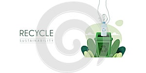 Recycle Concept. Human Hand collecting plastic Bottle into recycling garbage bin. Plastic pollution problem concept. Vector