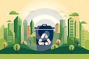 Recycle concept with recycling bin on green city background. Ecology and Environment conservation resource sustainable.Vector