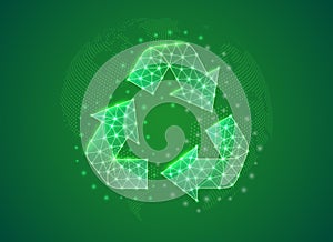 Recycle 3d low poly symbol with green world map background. Waste recycling concept design illustration. Ecology