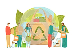 Recycle eco bag, zero plastic waste for environment ecology, vector illustration. Flat organic reuse, ecological