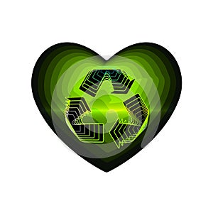 Recycle eco. Valentine day with the sign of the green arrows recycle. Recycled materials symbol. Heart icon a symbol of love. Flat