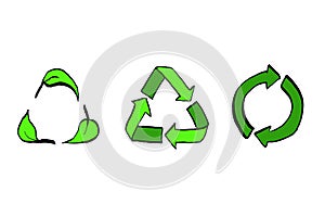 Recycle eco vector icon set, cycle and triangle arrows with leaf in hand drawn style