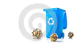 Recycle garbage. Blue dustbin for recycle paper trash isolated on white background. Bin container for disposal garbage waste and