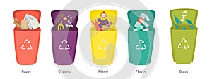 Recycle garbage container, vector illustration. Plastic, glass, organic waste in bin, isolated on white collection