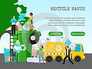 Recycle garbage, save ecology concept banner vector illustration. Small people throwing trash into big recycle bin