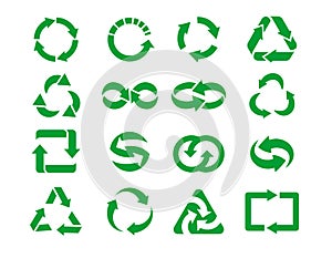 Recycle green icons. Reusable products, zero waste green bio energy symbols with circle arrows