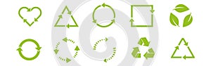 Recycle icon set. Arrows, heart and leaf recycle eco symbol. Rounded angles.