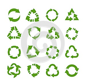 Recycle icons. Circle arrows, product reuse and eco symbols, environmental protection logo. Green flat emblems for