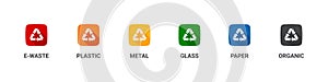 Recycle icons. Separation concept. Different types of Waste: Organic, Plastic, Metal, Paper, Glass, E-waste. Vector illustration