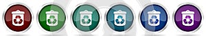 Recycle icons, set of silver metallic glossy web buttons in 6 color options isolated on white background