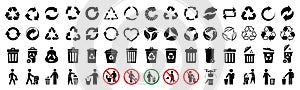Recycle icons set, trash bin, trash can icons with man - vector