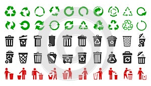 Recycle icons set and trash can icons with man - vector