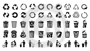 Recycle icons set and trash can icons with man - vector