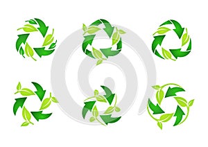 Recycle logo, circle, natural, green, leaves, ecology, leaf, recycling set of round symbol icon vector design