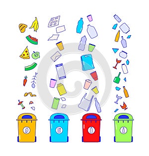 Recycle metal container for rubbish, environment ecology saving vector illustration. Waste plastic pollution, organic