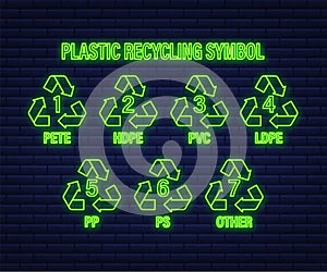 Recycle neon icon symbol vector. Plastic recycling, great design for any purposes. Recycle recycling symbol. Vector