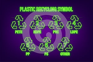 Recycle neon icon symbol vector. Plastic recycling, great design for any purposes. Recycle recycling symbol. Vector