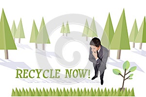 Recycle now against forest with earth tree