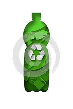 Recycle plastic bottle with plastic garbage, recyclable material sign, vector paper cut illustration. Reuse, recycling.