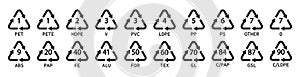 Recycle plastic symbol. Plastic recycle icons. Icon of pp, pet, hdpe, ldpe and pvc. Triangle logo for safety and ecology. Black