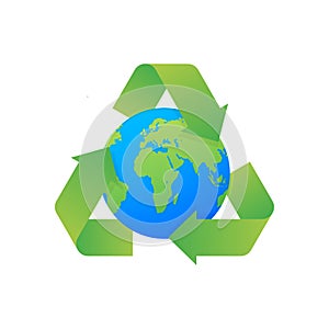 Recycle recycling symbol. Green earth globe vector design. Environment, ecology, nature protection concept. Vector stock