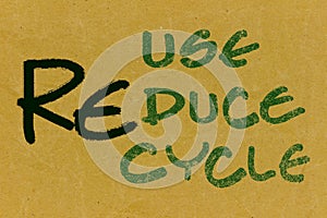 Recycle-Reuse-Reduce text on recycled paper