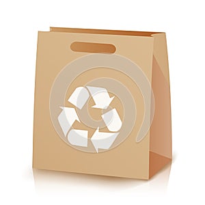 Recycle Shopping Brown Bag. Illustration Of Recycled Brown Shopping Paper Bag With Handles. Recycling Symbol. Isolated