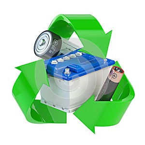 Recycle sign with different types of batteries and car batter. Ecology and green energy concept