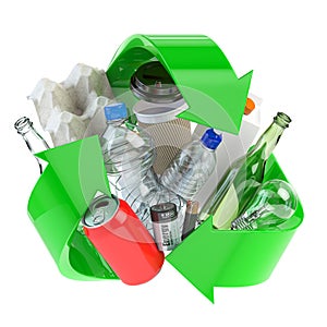 Recycle sign with different types of waste.  Garbage and  trash sorted by plastic, e-waste, metal, glass and paper. Ecology and