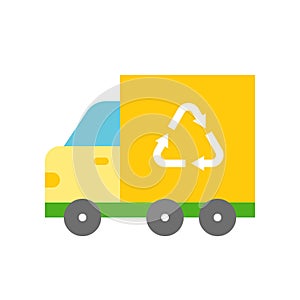 Recycle sign on garbage truck, Flat icon