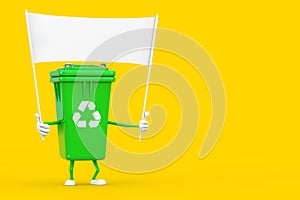 Recycle Sign Green Garbage Trash Bin Character Mascot and Empty White Blank Banner with Free Space for Your Design. 3d Rendering