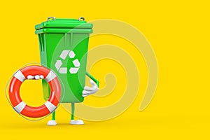 Recycle Sign Green Garbage Trash Bin Character Mascot with Life Buoy. 3d Rendering