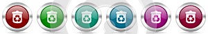 Recycle silver metallic vector icon set, round glossy buttons with chrome border for web design