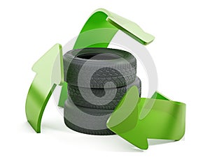 Recycle symbol around used tyres. 3D illustration
