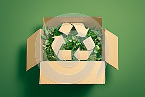 Recycle symbol on cardboard box against green background, eco friendly