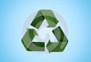 Recycle symbol of green grass on blue sky clear background, copy space 3d render illustration