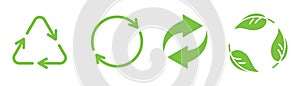 Recycle symbol in green. Recycling arrow. Eco symbol. Green leaf and arrow in circle. Recycle icon set. Leaf illustration. Stock