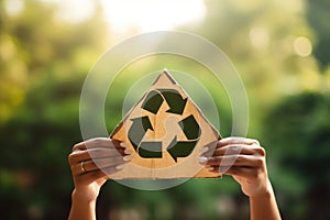 Recycle symbol on hand and bag, sustainable and eco environment concept. Generative AI