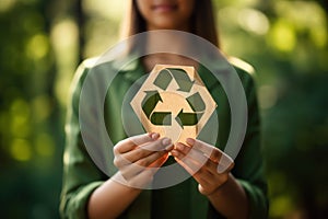 Recycle symbol on hand and bag, sustainable and eco environment concept. Generative AI