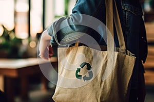 Recycle symbol on hand and bag, sustainable and eco environment concept. Generative AI