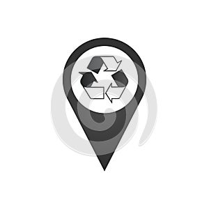 Recycle symbol inside map pin. Location pointer Conceptual icon. Stock Vector illustration isolated on white background