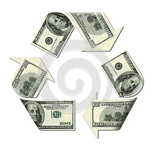 Recycle symbol made with dollars