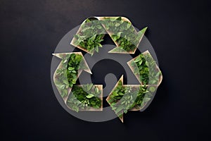 Recycle symbol made of wood and green plants and leaves on dark background. Eco recycling concept. AI generated