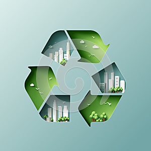 Recycle symbol of Sustainability in green eco city, alternative energy and ecology conservation concept background. Vector