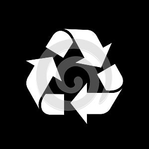 Recycle symbol white isolated on black background, white ecology icon on black, white arrow shape for recycle icon garbage waste,