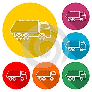 Recycle truck icon, Garbage Truck, color icon with long shadow