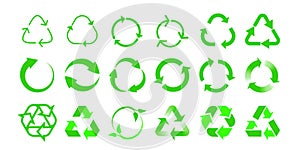 Recycle vector icons bio reuse package label templates. Green eco recycle arrow in green triangle