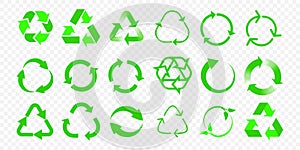 Recycle vector icons. Reuse eco arrow and bio garbage recycle green triangle signs