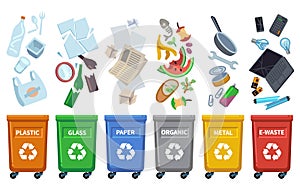 Recycle waste bins. Different trash types color containers sorting wastes organic trash paper can glass plastic bottle photo